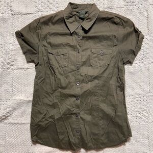 Y2K Eddie Bauer Short Sleeve Olive Green Button-Up